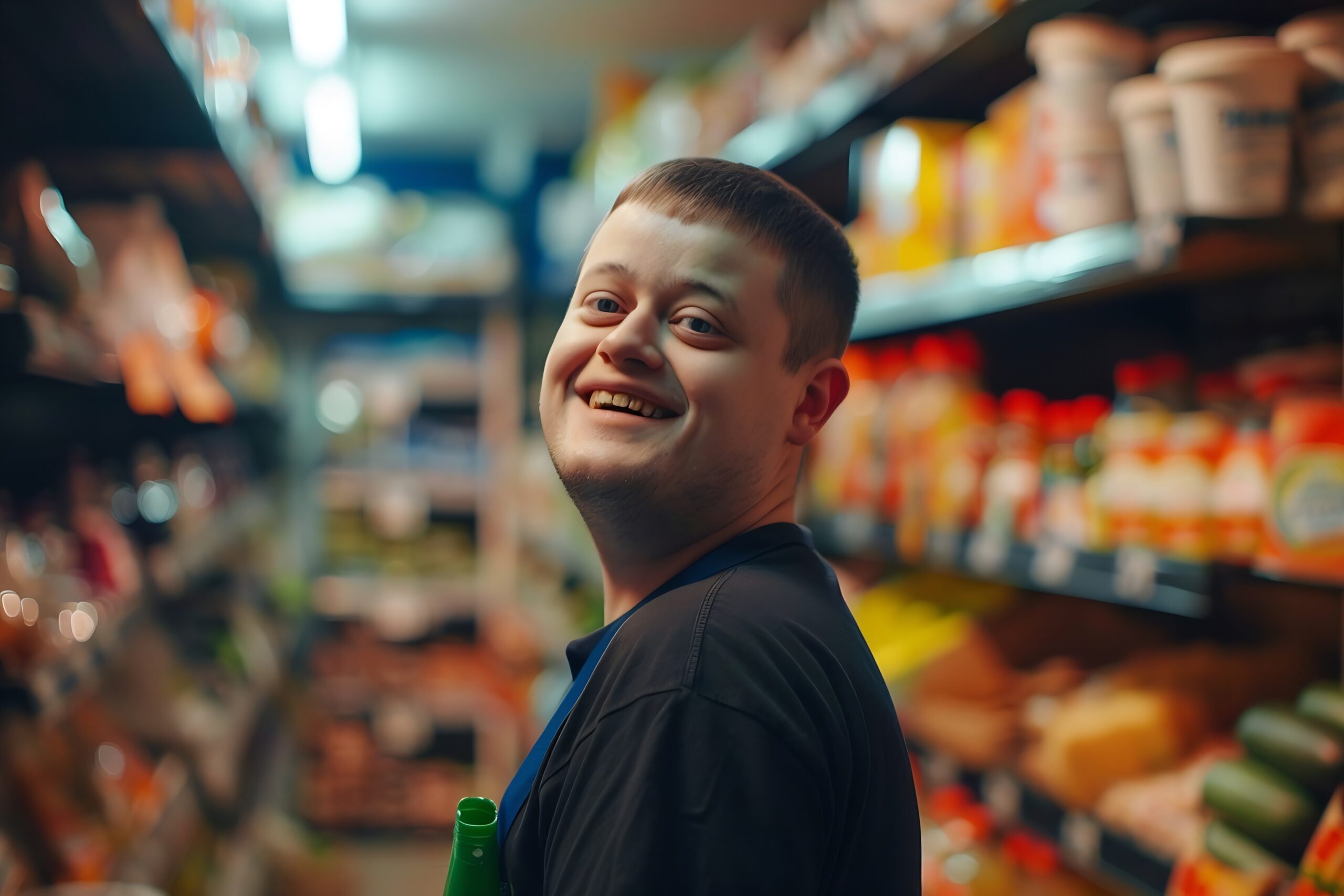 Young man with developmental disability smiling in a grocery store